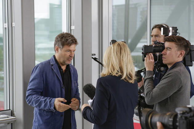 Germany: Frankfurt Book Fair 2019 Day 1 Robert Habeck, the co-chairman of the Gernan party Alliance 90 The Greens, gives an interview at the Frankfurt Book Fair. The 71th Frankfurt Book Fair 2019 is the world largest book fair with over 7,500 exhibitors and over 285,000 expected visitors. The Guest of Honour for the 2019 fair is Norway. Frankfurt Hesse Germany MichaelxDebets