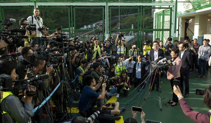 November 24, 2019, Hong Kong, Hong Kong SAR, China: Hong Kong Chief Executive, CARRIE LAM, votes in the local council elections. Lam meets the press at Raymond College in Midlevels Central to cast her vote in an election predicted to show Hong Kongers true views following 5 months of protests. Hong Kong China - ZUMAr144 20191124_zap_r144_010 Copyright: xJaynexRussellx