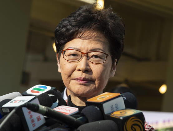 November 24, 2019, Hong Kong, Hong Kong SAR, China: Hong Kong Chief Executive, CARRIE LAM, votes in the local council elections. Lam meets the press at Raymond College in Midlevels Central to cast her vote in an election predicted to show Hong Kongers true views following 5 months of protests. Hong Kong China - ZUMAr144 20191124_zap_r144_015 Copyright: xJaynexRussellx