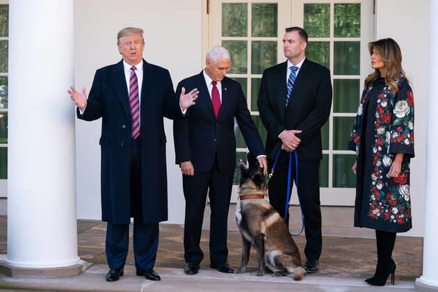 Bilder des Jahres 2019, News 11 November News Themen der Woche KW48 News Bilder des Tages President Donald Trump speaks about Conan the military dog as Vice President Mike Pence, First Lady Melania Trump and Conan s handler stand by, at the White House in Washington, DC on November 25, 2019. The dog Conan assisted in the Baghdadi raid and was awarded a medal by President Trump.  WAP20191125327 KEVINxDIETSCH
