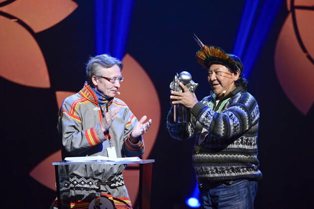 Presenter Lars Anders Baer L Davi Kopenawa, Hutukara Yanomami Association, Brazil receives the 2019 Right Livelihood Award at Cirkus, in Stockholm , Sweden on Dec 04, 2019 STOCKHOLM SWEDEN x11720x,  Copyright: xErikxSimander TTx SWEDEN RIGHT LIVELIHOOD AWARD