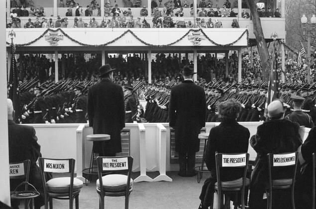Rear View of U.S. President Dwight Eisenhower and U.S. Vice President Richard Nixon Reviewing Inauguration Parade, First Lady Mamie Eisenhower and Second Lady Pat Nixon seated right, Washington, D.C., USA, photographer Thomas J. O Halloran, Warren K. Leffler, January 21, 1957  Copyright: xCircaxImagesx ghi-circa07542