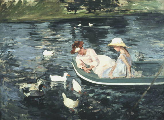 Impressionnisme L ete par Mary CASSAT (1844-1926). Une maman et sa fille se promenent en barque et se penchent vers des canards. Huile sur toile de 1894, 73x100cm, collection Armand Hammer, Los Angeles, USA. Credit : Coll. Bouquig. KHARBINE-TAPABOR.