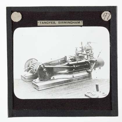 Lantern Slide - Tangyes Ltd, Cross-Compound Steam Engine, circa 1910, One of 239 glass lantern slides depicting products manufactured by Tangyes Limited engineers of Birmingham, England. The images include various products such as engines, centrifugal pumps, hydraulic pumps, gas producers, materials testing machines, presses, machine tools, hydraulic jacks etc. Tangyes was a company which operated from 1857 to 1957. They produced a wide variety of engineering Copyright Artokoloro LC190917_105905