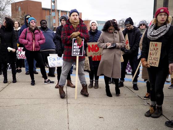 January 5, 2020, Des Moines, Iowa, U.S: People listen to speakers opposed to a war in Iran during a protest near the Iowa State Capitol Sunday. About 100 people attended he protest. Des Moines U.S. - ZUMAk94_ 20200105_zaf_k94_005 Copyright: xJackxKurtzx