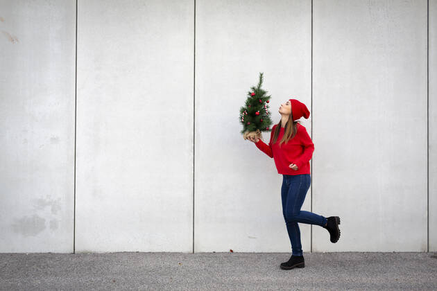 Woman wearing red pullover and wolly hat, holding artificial Christmas tree in front of a wall model released Symbolfoto HMEF00685