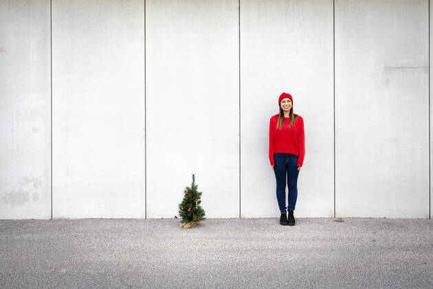 Woman wearing red pullover and wolly hat, holding artificial Christmas tree in front of a wall model released Symbolfoto HMEF00687