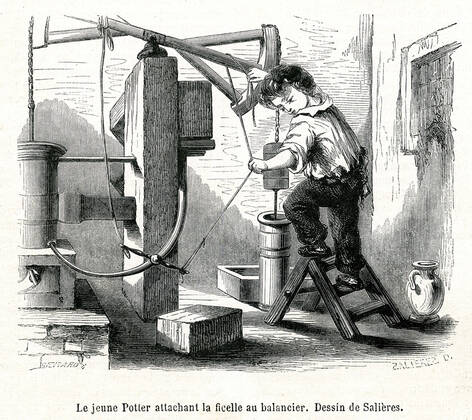 Humphry POTTER Le jeune Humphry POTTER, pour se degager de la tache ingrate qu il devait effectuer, attacha la ficelle au balancier et ameliora ainsi le rendement de la machine a vapeur de Thomas NEWCOMEN (1663-1729). Illustration de SALIERES (19 s.) pour le Musee des Familles de decembre 1861. Pompe a feu ou pompe a eau de NEWCOMEN. Credit : Collection Kharbine-Tapabor.