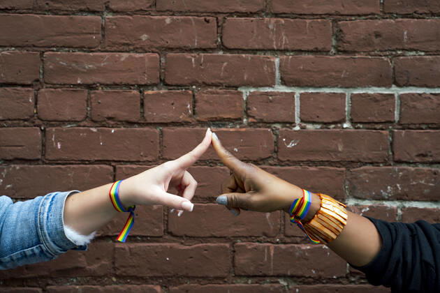 IMAGO Creative: Pride Month 2022, Engagement der Jugendlichen Multiracial gay couple holding hands in Brooklyn New York, United States CR_IGMA191205-248754-01