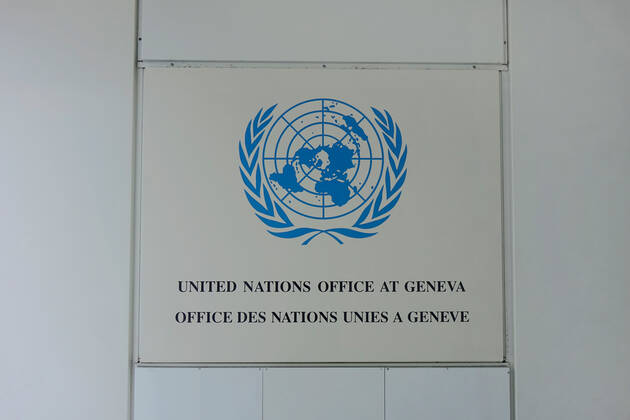 Büro der Vereinten Nationen in Genf Büro der Vereinten Nationen in Genf, 03.08.2019, Genf, Avenue de la Paix, Schweiz, Das Logo der Vereinten Nationen befindet sich an einem Büro in Genf.