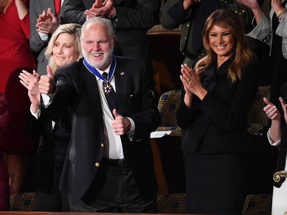 Conservative broadcaster Rush Limbaugh gives as thumbs up after being awarded the Presidential Medal of Freedom by First Lady Melania Trump during President Trump s State of the Union address to a joint session of Congress in the House Chamber of the U.S. Capitol in Washington, DC on Tuesday, February 4, 2020.  WAP20200204805 KEVINxDIETSCH