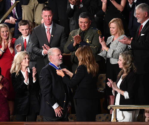 Conservative broadcaster Rush Limbaugh is awarded the Presidential Medal of Freedom by First Lady Melania Trump during President Trump s State of the Union address to a joint session of Congress in the House Chamber of the U.S. Capitol in Washington, DC on Tuesday, February 4, 2020.  WAP20200204808 KEVINxDIETSCH
