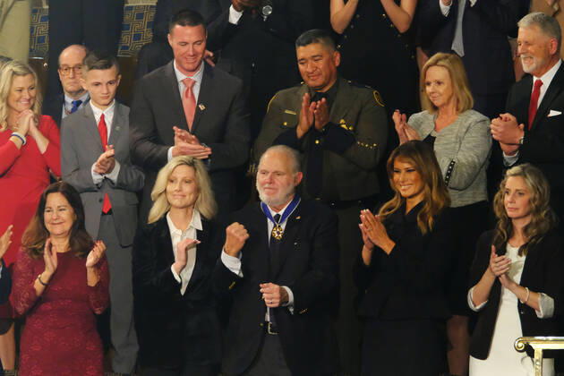 February 4, 2020, Washington, District of Columbia, USA: American radio personality Rush Limbaugh is applauded at the 2020 State of the Union Address on Capitol Hill on February 4, 2020. Credit: CNP Washington USA - ZUMAs152 20200204_zaa_s152_147 Copyright: xAlexxWroblewskix