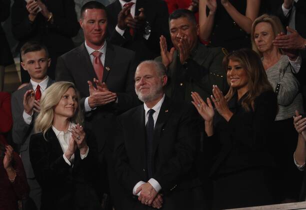 Radio personality Rush Limbaugh is honored by U.S. President Donald Trump with a Presidential Medal of Freedom as he stands with first lady Melania Trump during the State of the Union address to a joint session of the U.S. Congress in the House Chamber of the U.S. Capitol in Washington, U.S. February 4, 2020. Copyright: xWroblewskix xCNPx xMediaPunchx