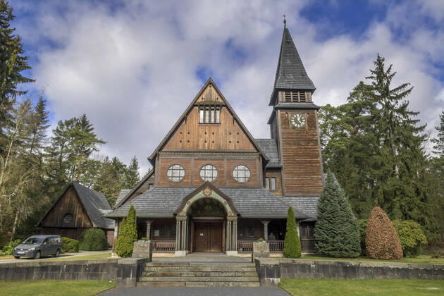 Stabkirche, Kapelle, Südwestkirchhof, Bahnhofstrasse, Stahnsdorf, Brandenburg, Deutschland