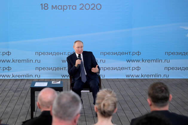 SEVASTOPOL, RUSSIA - MARCH 18, 2020: Russia s President Vladimir Putin holds a public meeting at the Konstantinovskaya Batareya Konstantin Battery Museum and Exhibition Centre. Alexei Druzhinin Russian Presidential Press and Information Office TASS  TS0D2A3B