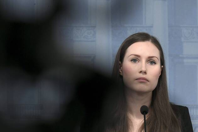 Prime Minister Sanna Marin is seen during a press conference of the Finnish Government in Helsinki, Finland, on April 15, 2020. The cordoning of the Uusimaa region around capital Helsinki that came into force on 28 March is no longer considered an unavoidable measure that can be justified by emergency legislation. The government decided to immediately lift the ban on travel in and out of Uusimaa, Helsinki Finland  Copyright: xMarkkuxUlanderx LKFTJK20200415103646TQYG