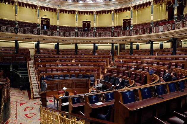 General view of the first Prime Minister s question time session held since the state of alarm was declared, at Lower Chamber of Spanish Parliament, in Madrid, Spain, 15 April 2020. Central Government declared the state of alarm for coronavirus last 14 March and the country faces a lockdown to try to avoid the spreading of COVID-19 outbreak. First Prime Minister s question time session since the state of alarm was declared !ACHTUNG: NUR REDAKTIONELLE NUTZUNG!  Copyright: xBallesterosx GRAF896 20200415-637225429346362684