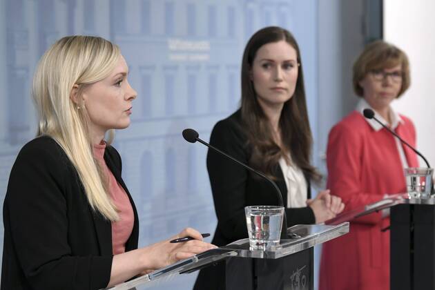 Interior Minister Maria Ohisalo (L), Prime Minister Sanna Marin and Justice Minister Anna-Maja Henriksson attend a press conference of the Finnish Government in Helsinki, Finland, on April 15, 2020. The cordoning of the Uusimaa region around capital Helsinki that came into force on 28 March is no longer considered an unavoidable measure that can be justified by emergency legislation. The government decided to immediately lift the ban on travel in and out of Uusimaa, Helsinki Finland  Copyright: xMarkkuxUlanderx LKFTJK20200415100645EQKJ