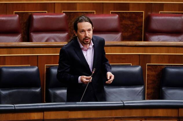 Spanish Second Deputy Prime Minister, Pablo Iglesias (C), delivers a speeh during the first Prime Minister s question time session held since the state of alarm was declared, at Lower Chamber of Spanish Parliament, in Madrid, Spain, 15 April 2020. Central Government declared the state of alarm for coronavirus last 14 March and the country faces a lockdown to try to avoid the spreading of COVID-19 outbreak. First Prime Minister s question time session since the state of alarm was declared !ACHTUNG: NUR REDAKTIONELLE NUTZUNG!  Copyright: xBallesterosx GRAF929 20200415-637225435715696183