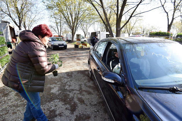 Drive-thru market in Cakovec, Croaita 15.04.2020., Cakovec, Croatia - People buy food without getting off the car at a drive-thru market in Cakovec, Croatia. VjeranxZganecxRogulja PIXSELL