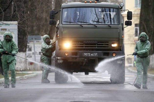 ST PETERSBURG, RUSSIA - APRIL 15, 2020: Servicemen of the Russian Nuclear, Biological and Chemical Defence Troops disinfect facilities at a factory of Metrovagonmash, a manufacturer of metro carriages. Peter Kovalev TASS  TS0D5CBD