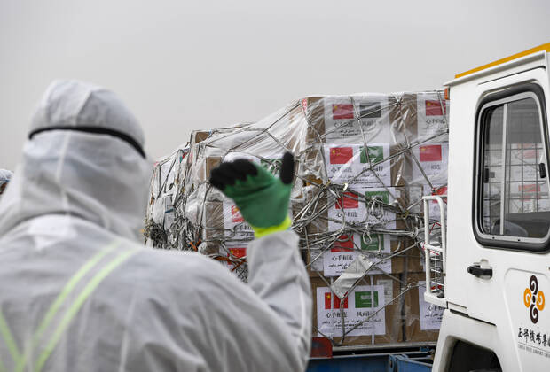 (200415) -- YINCHUAN, April 15, 2020 -- Photo taken on April 15, 2020 shows the donated medical supplies to be transported to the Saudi Arabia in Yinchuan, capital of northwest China s Ningxia Hui Autonomous Region. A team of medical experts with medical supplies left for Saudi Arabia on Wednesday morning to assist its ongoing efforts in the fight against COVID-19. ) CHINA-YINCHUAN-SAUDI ARABIA-COVID-19-MEDICAL TEAM-DEPARTURE (CN) FengxKaihua 