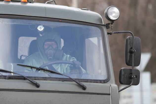 April 15, 2020, Saint-Petersburg, Russia: Russian soldier wearing a protective suit driving a special truck as they disinfect a train factory area to prevent the spread of coronavirus (COVID-19)..Russia has recorded at least 24490 cases and 198 deaths by the COVID-19 disease. Saint-Petersburg Russia - ZUMAs197 20200415_zaa_s197_013 Copyright: xSergeixMikhailichenkox
