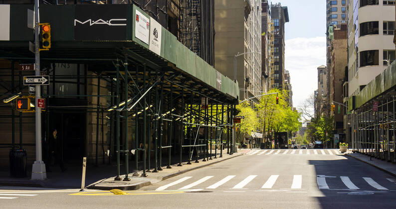 New York during the COVID-19 pandemic Empty Lower Fifth Avenue in the Flatiron District in New York on Wednesday, April 15, 2020 during the COVID-19 pandemic. (  RichardxB.xLevine