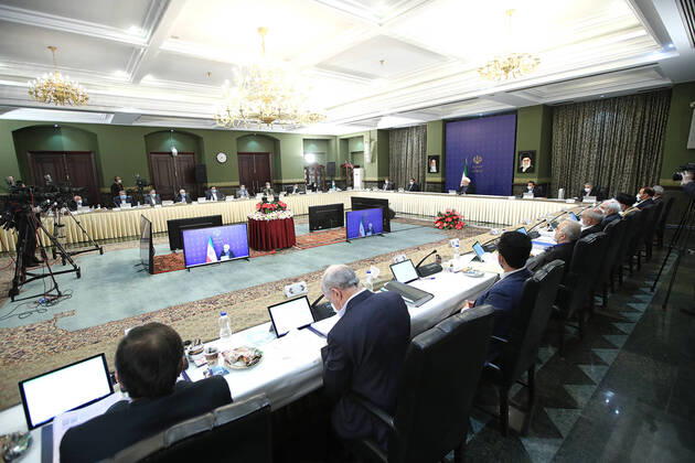 April 15, 2020, Tehran, Iran: A handout photo made available by Iran s Presidential Office shows Iranian President, HASSAN ROUHANI, speaks during a cabinet meeting in Tehran, Iran. Rouhani announced that the country will not hold the Islamic Republic of Iran Army Day on 18 April 2020 due to the coronavirus pandemic in the country. Iran said new deaths from the novel coronavirus remained in double figures for the second day in a row, as the country gradually reopens its sanctions-hit economy. Tehran Iran - ZUMAi98_ 20200415_zih_i98_002 Copyright: xIranianxPresidencyx