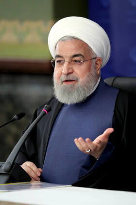 April 15, 2020, Tehran, Iran: A handout photo made available by Iran s Presidential Office shows Iranian President, HASSAN ROUHANI, speaks during a cabinet meeting in Tehran, Iran. Rouhani announced that the country will not hold the Islamic Republic of Iran Army Day on 18 April 2020 due to the coronavirus pandemic in the country. Iran said new deaths from the novel coronavirus remained in double figures for the second day in a row, as the country gradually reopens its sanctions-hit economy. Tehran Iran - ZUMAi98_ 20200415_zih_i98_003 Copyright: xIranianxPresidencyx