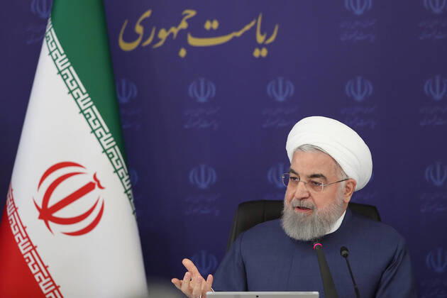 April 15, 2020, Tehran, Iran: A handout photo made available by Iran s Presidential Office shows Iranian President, HASSAN ROUHANI, speaks during a cabinet meeting in Tehran, Iran. Rouhani announced that the country will not hold the Islamic Republic of Iran Army Day on 18 April 2020 due to the coronavirus pandemic in the country. Iran said new deaths from the novel coronavirus remained in double figures for the second day in a row, as the country gradually reopens its sanctions-hit economy. Tehran Iran - ZUMAi98_ 20200415_zih_i98_004 Copyright: xIranianxPresidencyx