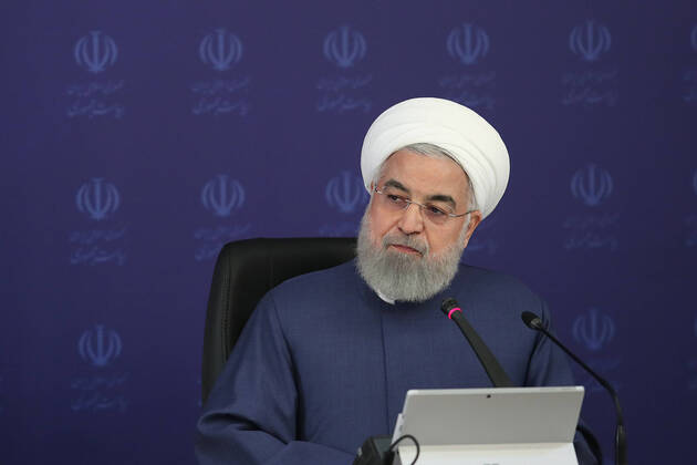 April 15, 2020, Tehran, Iran: A handout photo made available by Iran s Presidential Office shows Iranian President, HASSAN ROUHANI, speaks during a cabinet meeting in Tehran, Iran. Rouhani announced that the country will not hold the Islamic Republic of Iran Army Day on 18 April 2020 due to the coronavirus pandemic in the country. Iran said new deaths from the novel coronavirus remained in double figures for the second day in a row, as the country gradually reopens its sanctions-hit economy. Tehran Iran - ZUMAi98_ 20200415_zih_i98_005 Copyright: xIranianxPresidencyx