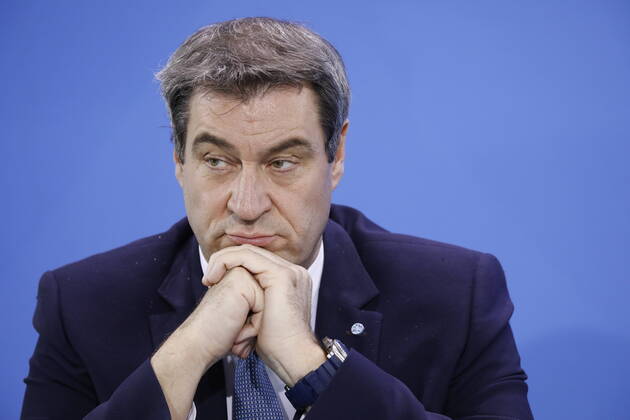 Markus Söder, Bayerischer Ministerpräsident, Deutschland, Berlin, Bundeskanzleramt, Pressekonferenz von Bundeskanzlerin Merkel im Anschluss an das Gespräch mit den Regierungschefinnen und -chefs der Länder im Zusammenhang mit dem Coronavirus , 15.04.2020