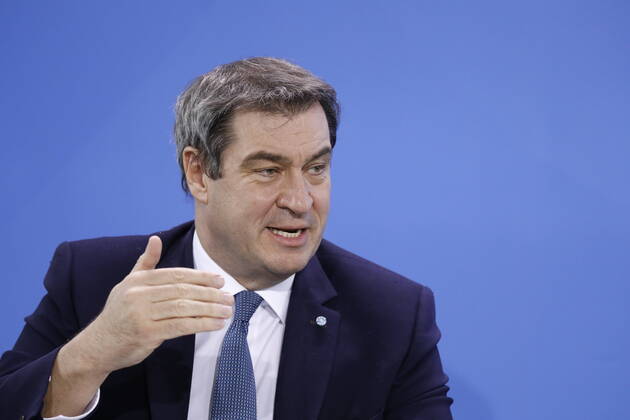 Markus Söder, Bayerischer Ministerpräsident, Deutschland, Berlin, Bundeskanzleramt, Pressekonferenz von Bundeskanzlerin Merkel im Anschluss an das Gespräch mit den Regierungschefinnen und -chefs der Länder im Zusammenhang mit dem Coronavirus , 15.04.2020