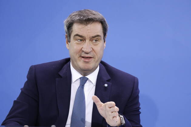 Markus Söder, Bayerischer Ministerpräsident, Deutschland, Berlin, Bundeskanzleramt, Pressekonferenz von Bundeskanzlerin Merkel im Anschluss an das Gespräch mit den Regierungschefinnen und -chefs der Länder im Zusammenhang mit dem Coronavirus , 15.04.2020