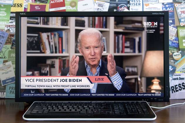 April 15, 2020 - Wilmington, Delaware, U.S. - A screen grab of Vice President JOE BIDEN as he holds a virtual town hall with coronavirus pandemic front line workers. Wilmington U.S. - ZUMAce6_ 20200415_zaf_ce6_001 Copyright: xBrianxCahnx