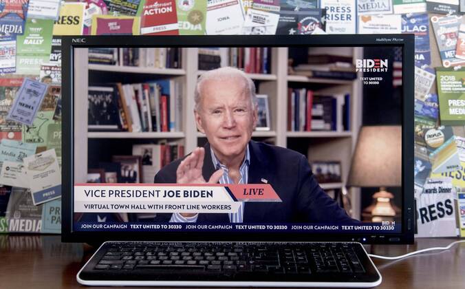 April 15, 2020 - Wilmington, Delaware, U.S. - A screen grab of Vice President JOE BIDEN as he holds a virtual town hall with coronavirus pandemic front line workers. Wilmington U.S. - ZUMAce6_ 20200415_zaf_ce6_003 Copyright: xBrianxCahnx