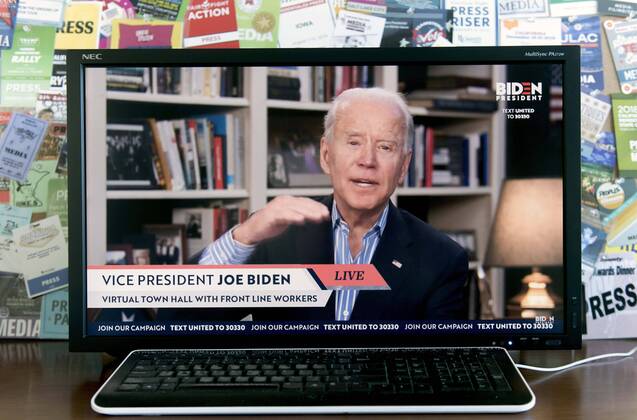 April 15, 2020 - Wilmington, Delaware, U.S. - A screen grab of Vice President JOE BIDEN as he holds a virtual town hall with coronavirus pandemic front line workers. Wilmington U.S. - ZUMAce6_ 20200415_zaf_ce6_004 Copyright: xBrianxCahnx