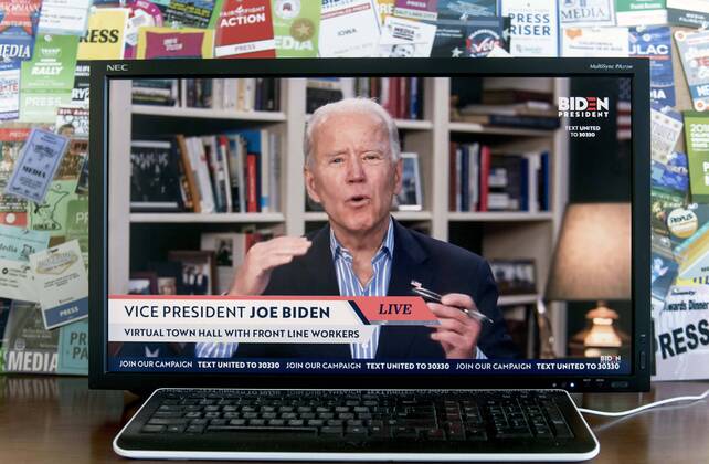 April 15, 2020 - Wilmington, Delaware, U.S. - A screen grab of Vice President JOE BIDEN as he holds a virtual town hall with coronavirus pandemic front line workers. Wilmington U.S. - ZUMAce6_ 20200415_zaf_ce6_005 Copyright: xBrianxCahnx