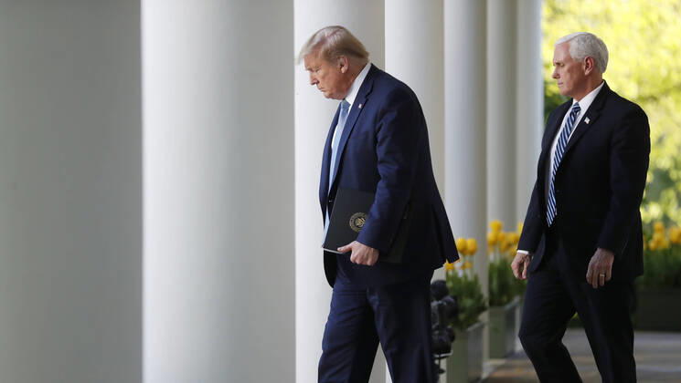 April 15, 2020, Washington, District of Columbia, USA: US President Donald J. Trump arrives with Vice President Mike Pence for the Coronavirus Task Force briefing to deliver remarks on the COVID-19 pandemic in the Rose Garden at the White House in Washington, DC, USA, 15 April 2020 Washington USA - ZUMAs152 20200415_zaa_s152_002 Copyright: xShawnxThewx