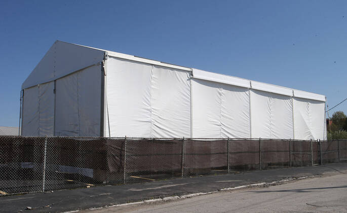 The City of St. Louis has constructed a large tent-like building on the grounds of St. Louis Creamation, that could hold an overflow of bodies that die from coronavirus, if needed, in St. Louis on Wednesday, April 15, 2020. St. Louis has had 26 deaths from the virus.  SLP2020041503 BILLxGREENBLATT