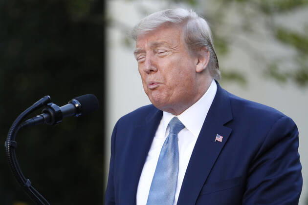 US President Donald J. Trump speaks during the Coronavirus Task Force briefing on the COVID-19 pandemic in the Rose Garden at the White House in Washington, DC, USA, 15 April 2020. Copyright: xPoolxviaxCNPx xMediaPunchx