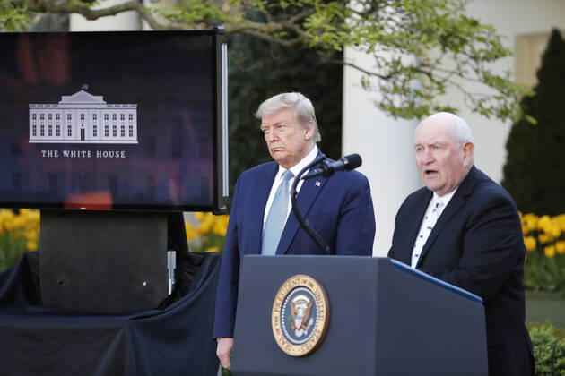 US President Donald J. Trump (L) as US Secretary of Agriculture Sonny Perdue (R) speaks during the Coronavirus Task Force briefing on the COVID-19 pandemic in the Rose Garden at the White House in Washington, DC, USA, 15 April 2020. Copyright: xPoolxviaxCNPx xMediaPunchx