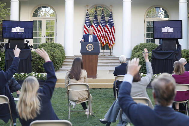 US President Donald J. Trump takes questions during the Coronavirus Task Force briefing on the COVID-19 pandemic in the Rose Garden at the White House in Washington, DC, USA, 15 April 2020. Copyright: xPoolxviaxCNPx xMediaPunchx