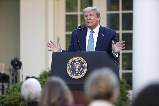 US President Donald J. Trump takes questions during the Coronavirus Task Force briefing on the COVID-19 pandemic in the Rose Garden at the White House in Washington, DC, USA, 15 April 2020. Copyright: xPoolxviaxCNPx xMediaPunchx