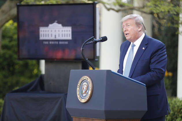 US President Donald J. Trump delivers remarks at the Coronavirus Task Force briefing about the COVID-19 pandemic in the Rose Garden at the White House in Washington, DC, USA, 15 April 2020. Copyright: xPoolxviaxCNPx xMediaPunchx