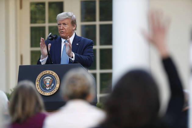 US President Donald J. Trump takes questions during the Coronavirus Task Force briefing on the COVID-19 pandemic in the Rose Garden at the White House in Washington, DC, USA, 15 April 2020. Copyright: xPoolxviaxCNPx xMediaPunchx