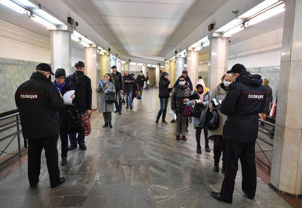 (200416) -- MOSCOW, April 16, 2020 -- Police officers check transit during mandatory self-isolation amid the COVID-19 pandemic at Sokolniki metro station in Moscow, Russia, April 15, 2020. Russia has registered a new daily record of 3,388 new COVID-19 cases over the last 24 hours, raising the total number to 24,490 as of Wednesday, official data showed. ( Handout via Xinhua) RUSSIA-MOSCOW-COVID-19 Sputnik 