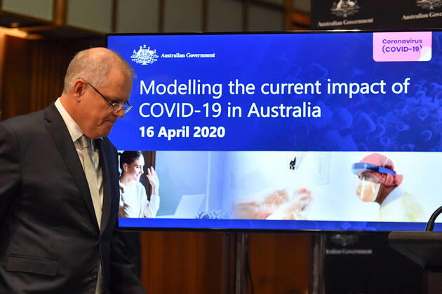 SCOTT MORRISON CORONAVIRUS UPDATE, Prime Minister Scott Morrison arrives to give a coronavirus update at a press conference at Parliament House in Canberra, Thursday, April 16, 2020. ( NO ARCHIVING, EDITORIAL USE ONLY, NO USE IN BOOKS WITHOUT CONSENT Canberra ACT AUSTRALIA  Copyright: xMICKxTSIKASx 20200416001463732260